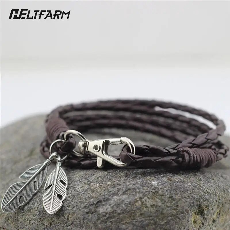 Vintage Leaf Feather Leather Multilayer Bracelet Men Fashion Braided H