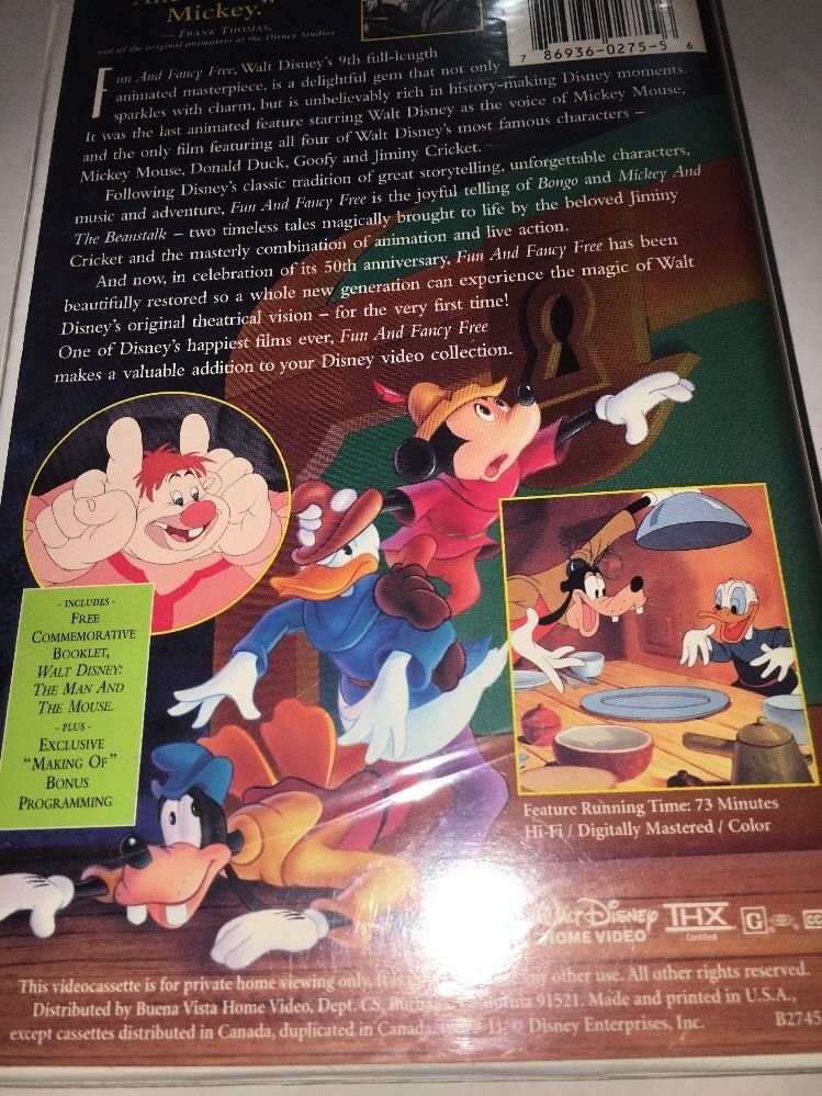 Walt Disney Fun And Fancy Free Vhs Tape Masterpiece Collection 9875 Rare