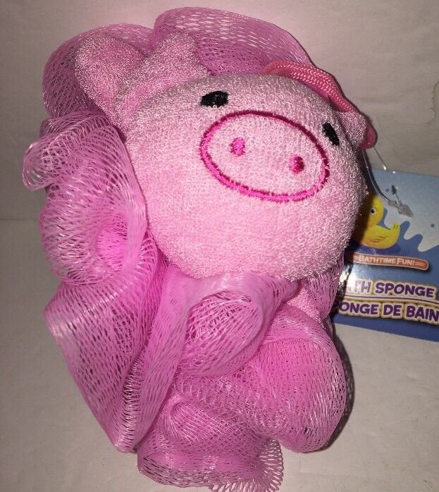 Pink Piggy Bath Time Sponge Washing Poofie mesh scrubby ages 2+-SHIPS N 24 HOURS