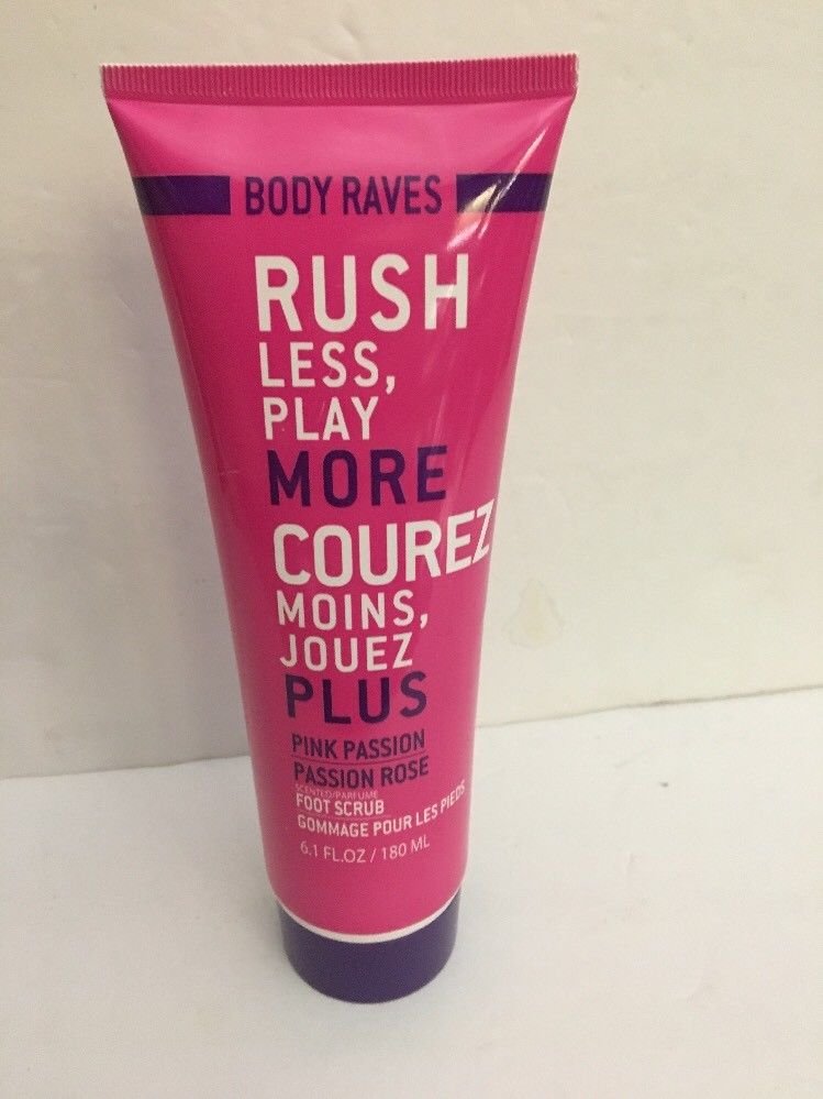 FOOT SCRUB BY BODY RAVES-PINK PASSION-6.1 OZ-RUSH LESS' , PLAY MORE COUREZ-NEW