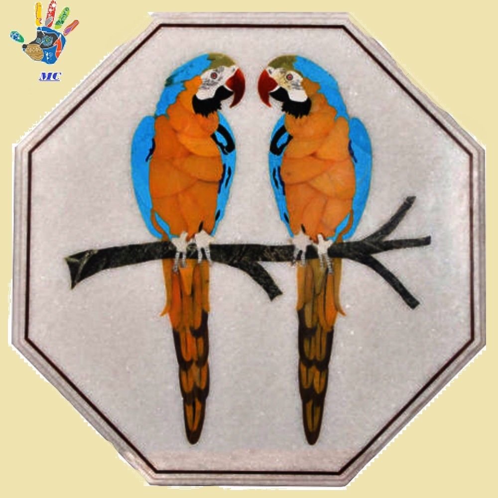 Marble Side Table Top Inlay Pietra Dura Parrot Design Handmade for Home Decor