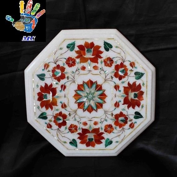 12"  Side End Table Top Pietra Dura Inlay Handmade Art For Home Decor & Gift.