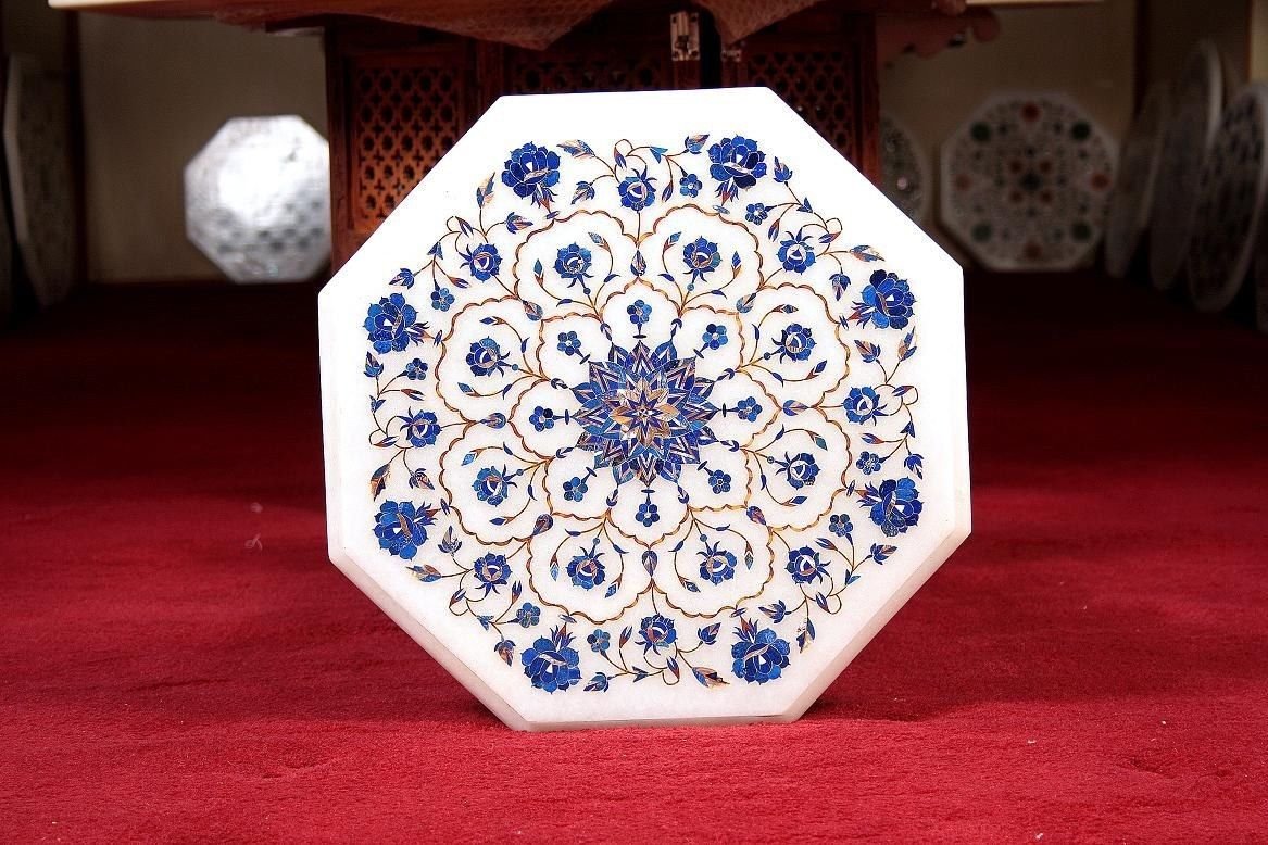 12" White Marble Side Coffee Table Top Marquetry Inlay Mosaic Home Decor