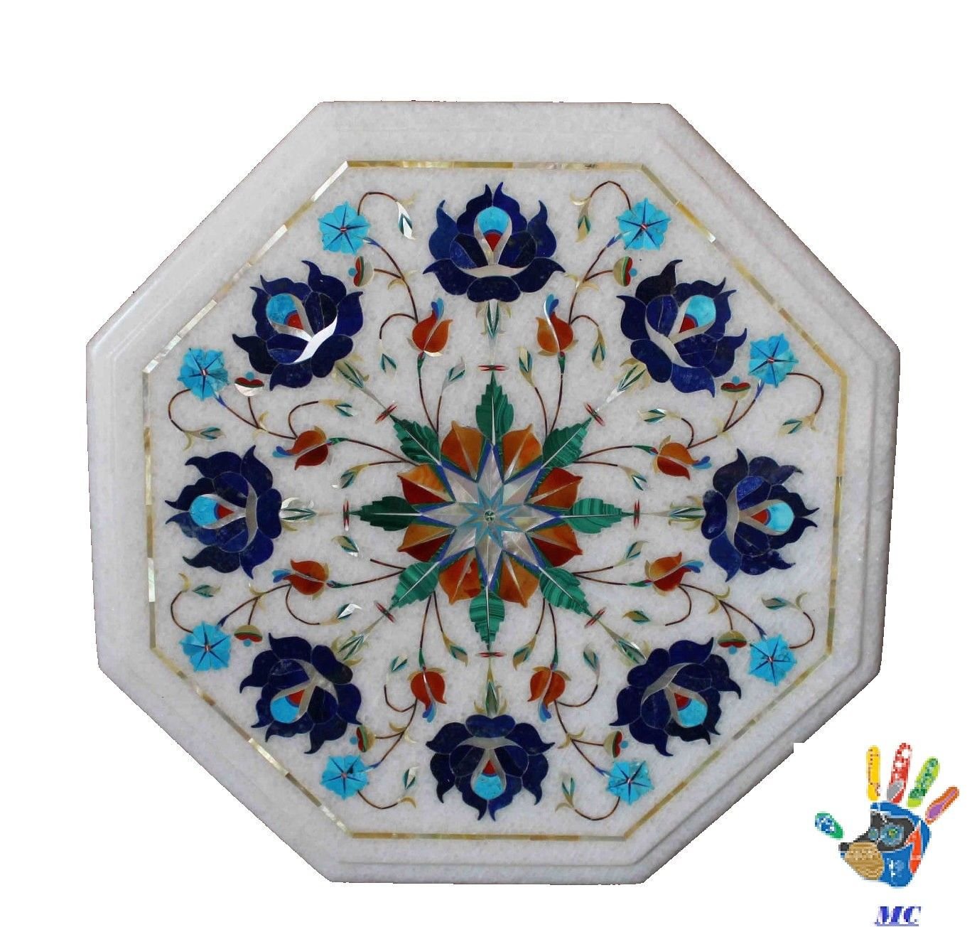12" White Marble Coffee Table Top Lapis Stone Floral Art Inlay Work Decor.