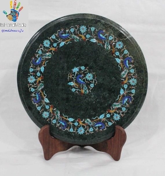 12" Round Marble Coffee Table Top Handmade Pietra Dura Peacock Design Art.