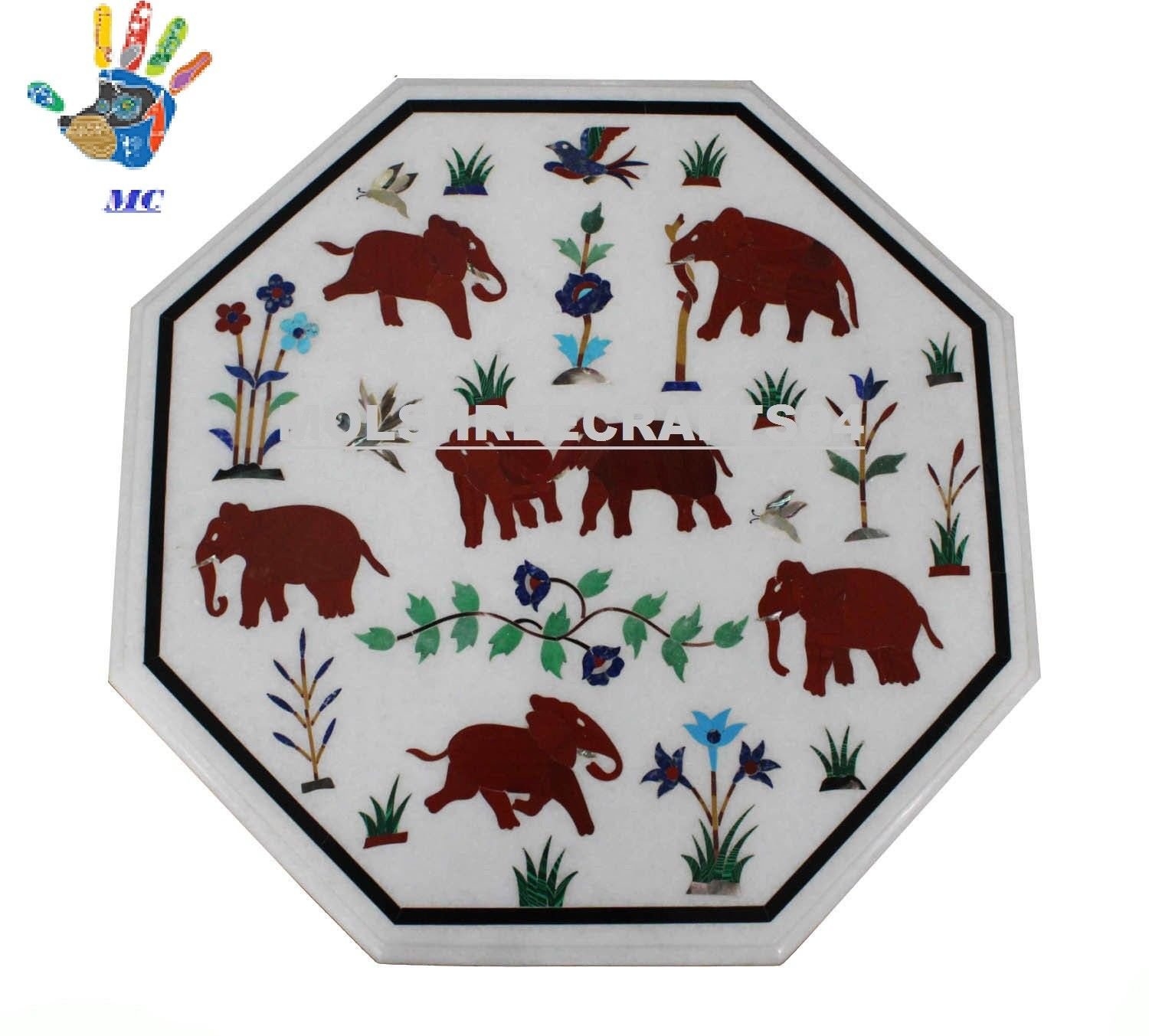 18" Marble Table Top Inlay Elephant Design Art Home Decor And Gift.