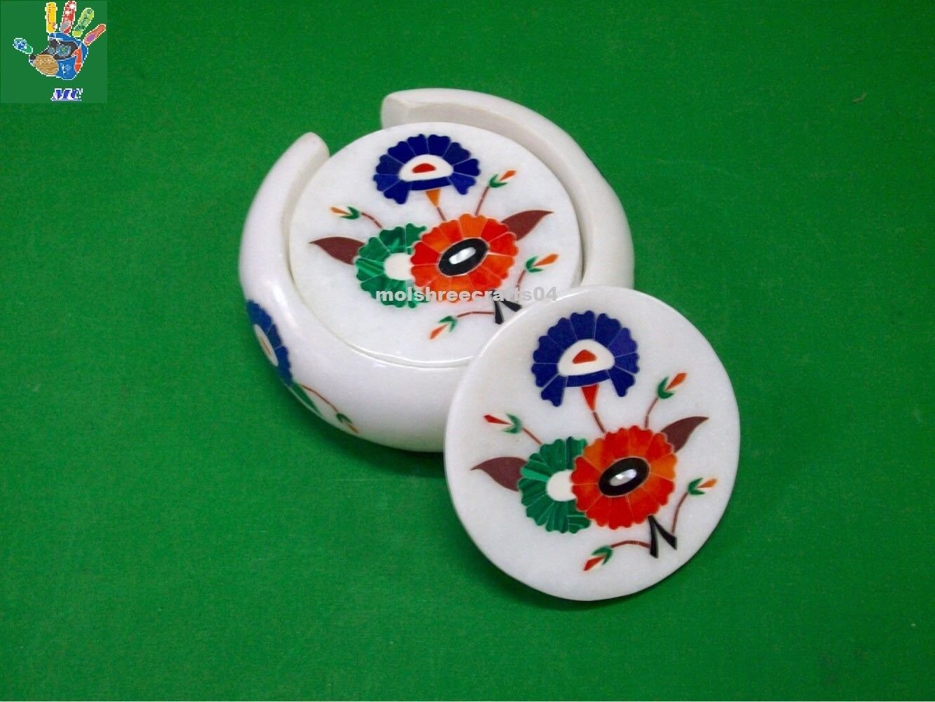 White Marble Tea Coaster Set Handmade Inlay Art Christmas Gifts & Home Decor.