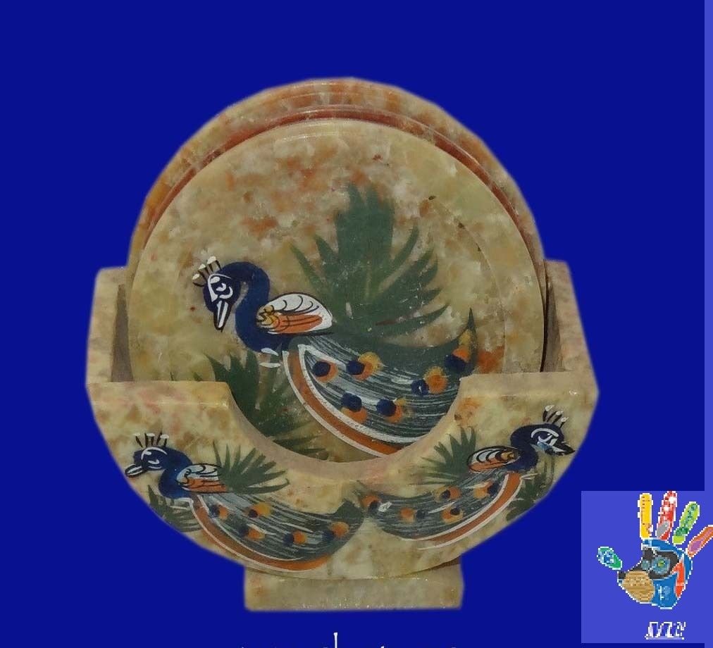 Marble Tea coaster set hand painted peacock design Handicrafts home decor item.
