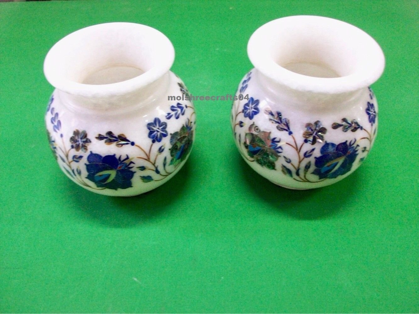 White Marble Flower Pot Lapis Inlay Work for Home Decoration & Christmas Gift.