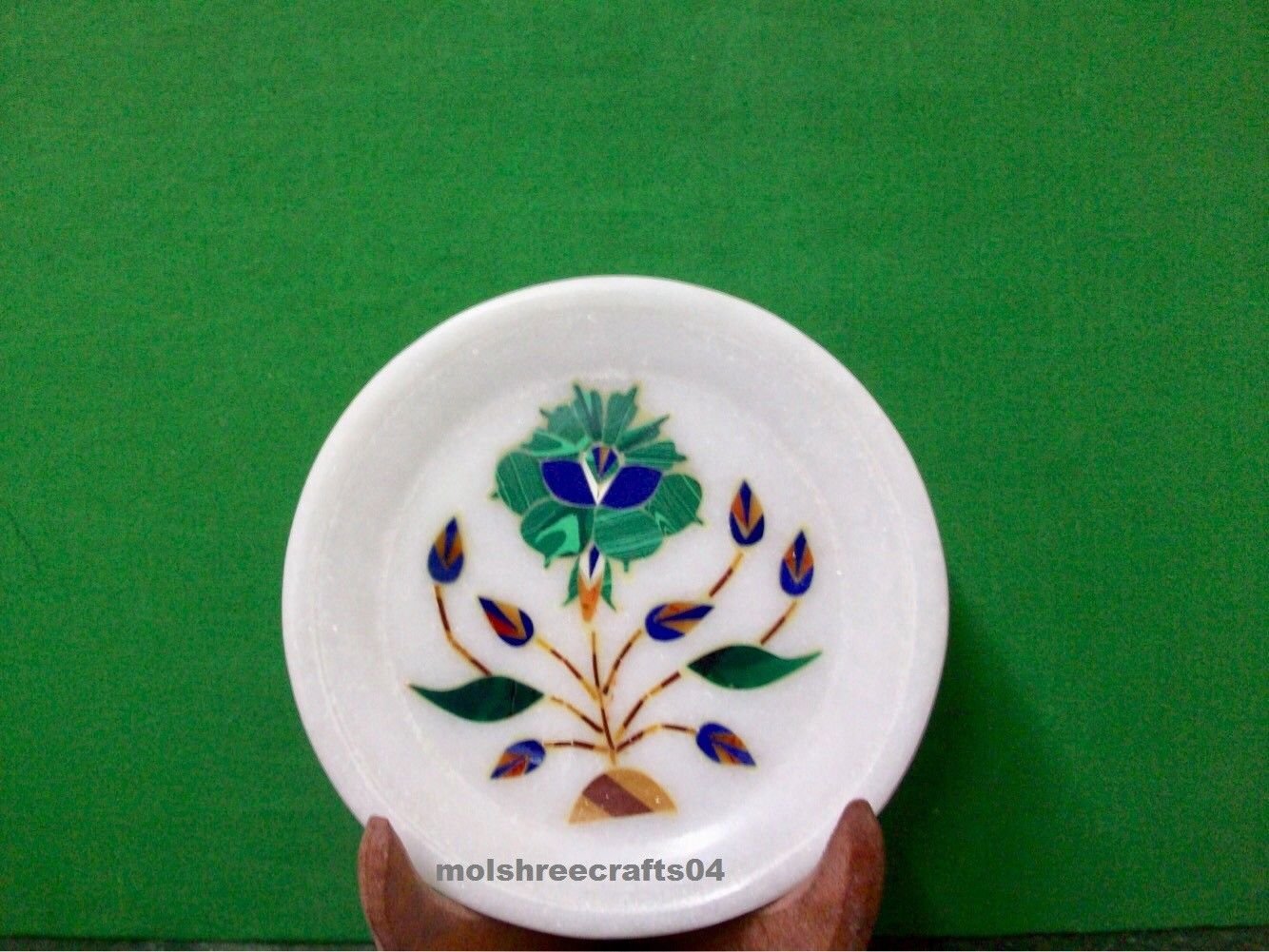 Marble Inlay white stone plate Pietra Dura Handicraft Decor for Christmas gift.