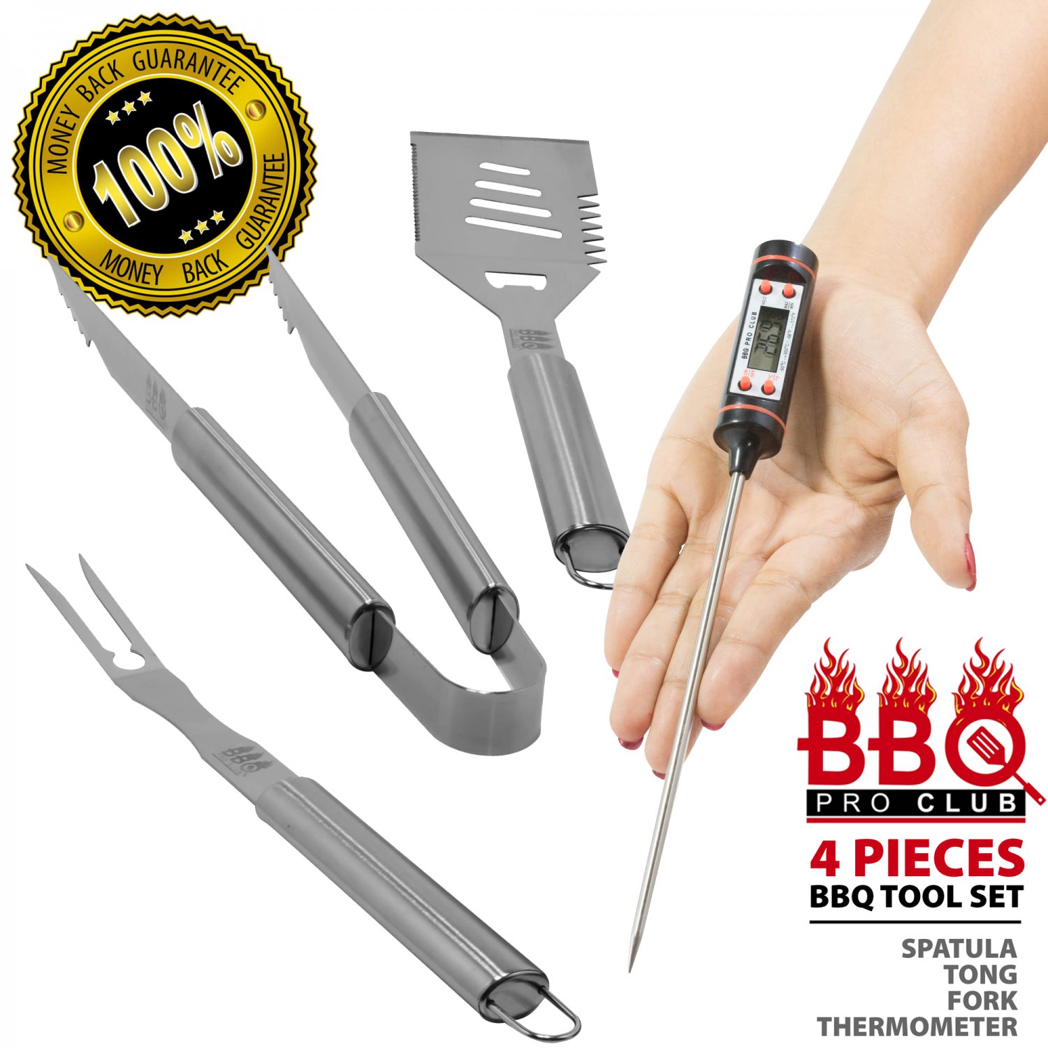 Deluxe BBQ Utensils Gift Set: Spatula, Tongs, Fork, Thermometer