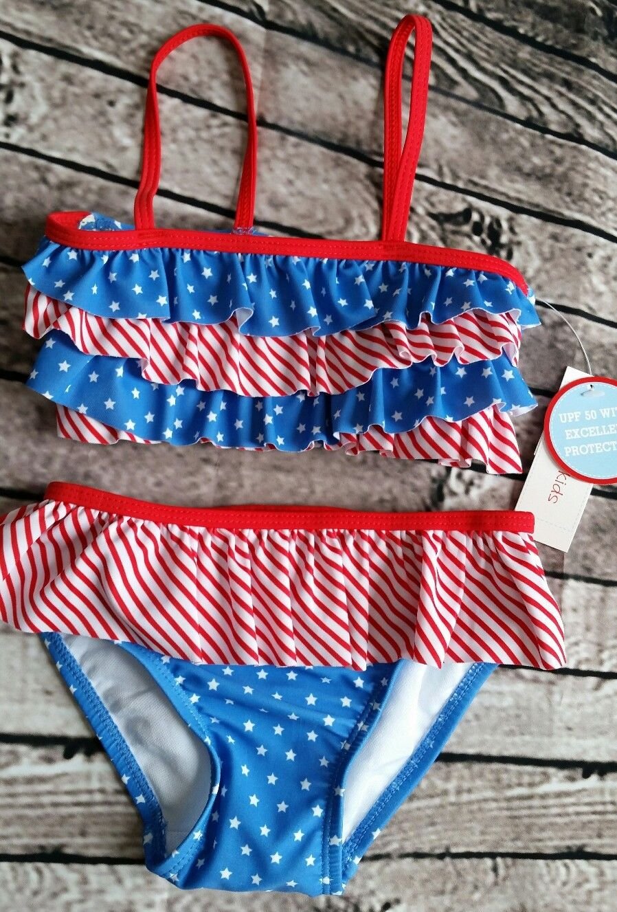 Girls Toddler Ruffled Bikini Americana Patriotic Stars stripes Swimsuit 2T