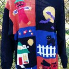 Halloween Ugly Sweater Pullover Knit Ghost Black Cat Spider Bat L