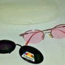 Ladies Prescription Eyeglasses Pink frames and Pink lenses+ polarized clip-ons
