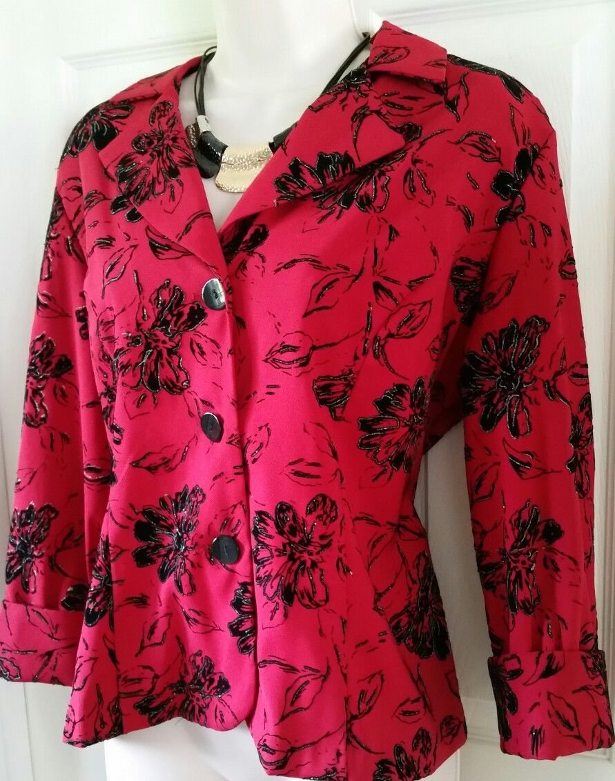 Women's Size M Dressbarn Blazer Jacket Deep Pink Black Floral USA Long ...