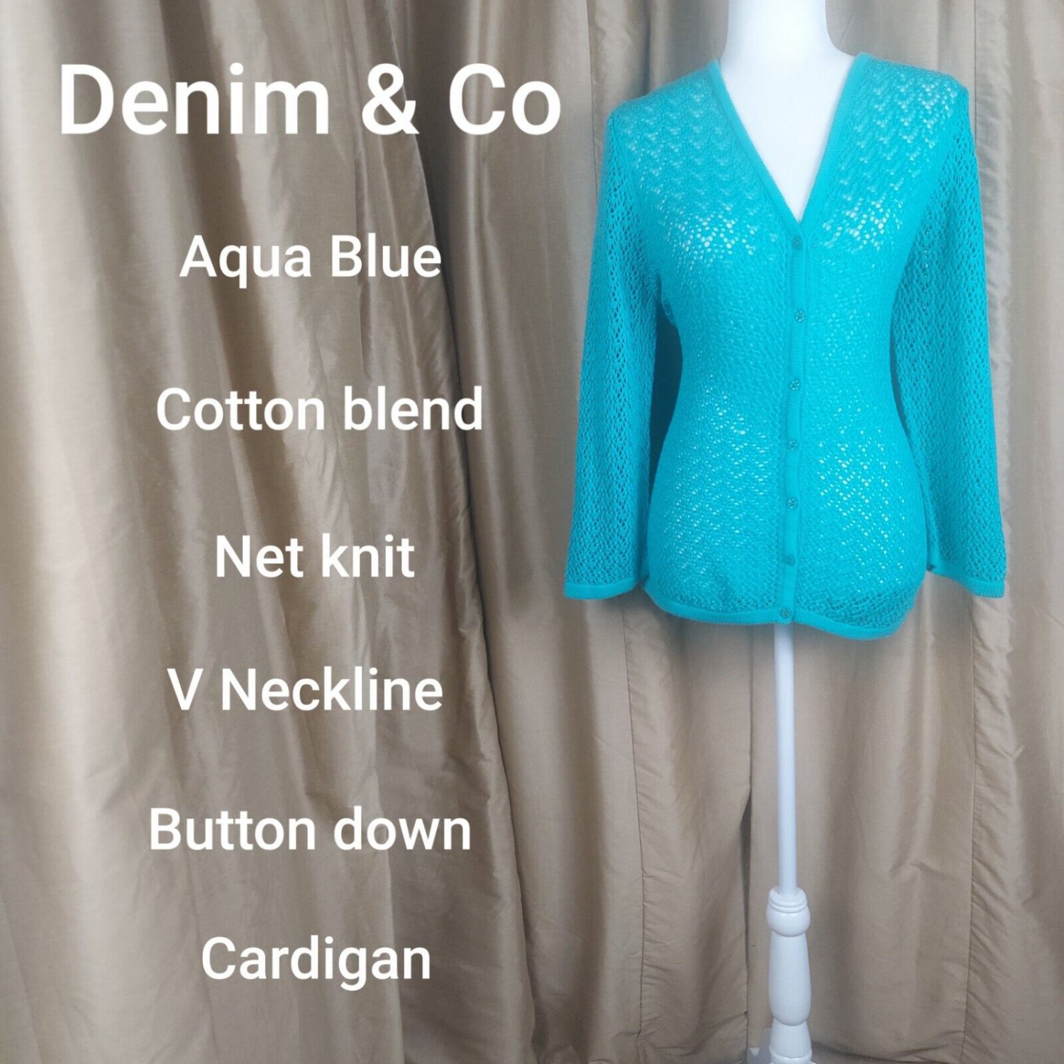 Denim & Co Aqua Blue Net Knit Button Down Cardigan Size L