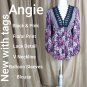 New With Tag Angie Pink & Black Floral Print Lace V Neckline Detail Blouse Size