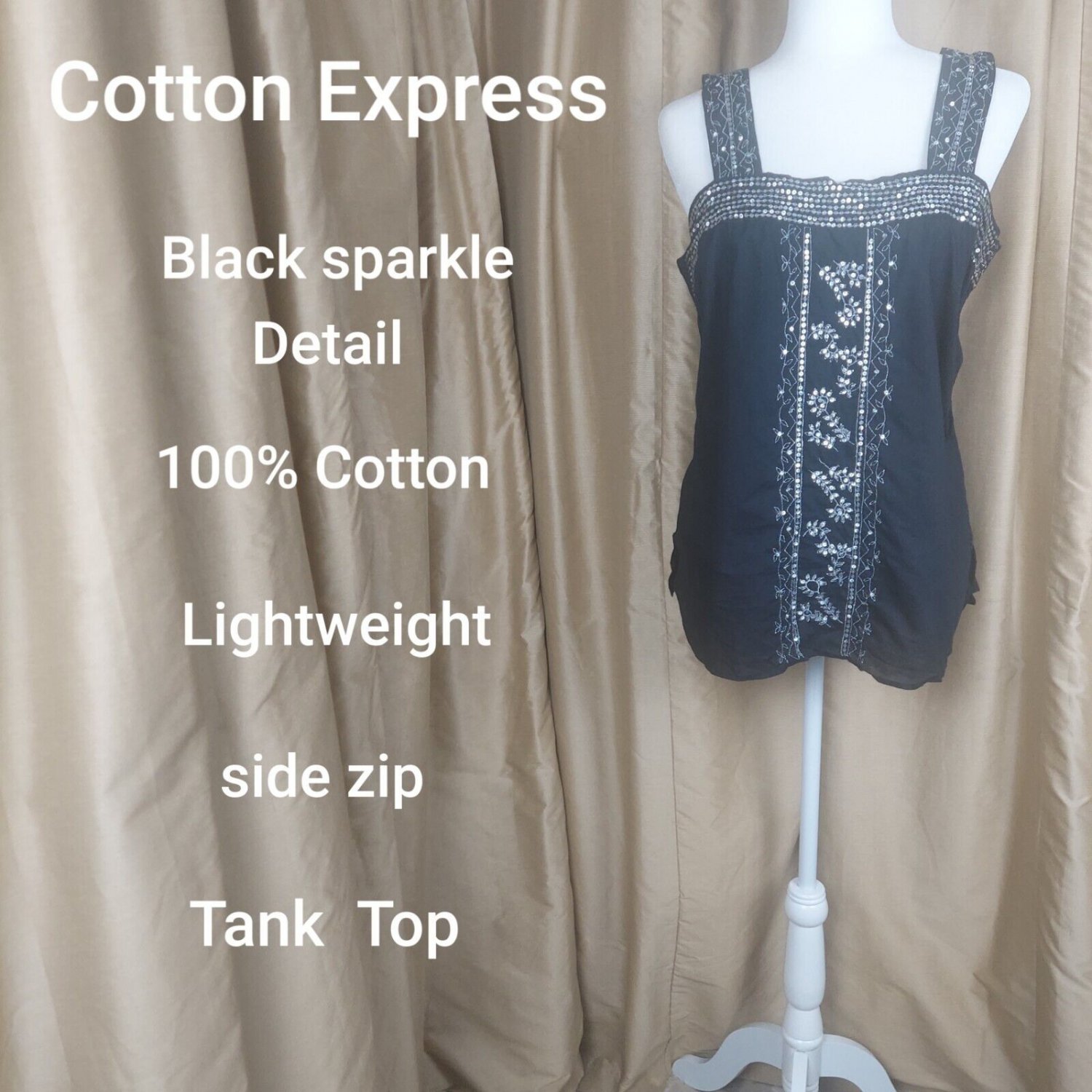 Cotton Express Black Sparkle Lightweight Side Zip Tank Top Size 14W