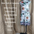 New York & Company White Floral Print Cotton Side Pockets Slip On Dress Size L