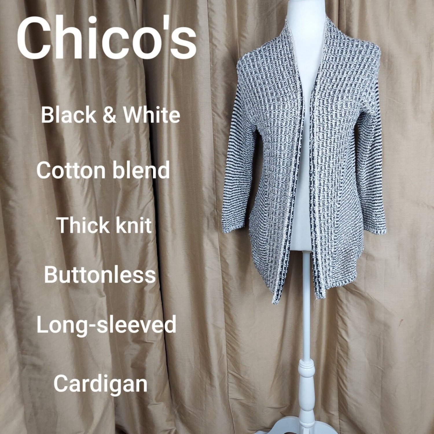 Chico's Size 0 Black & White Knit Cotton Blend Buttonless Cardigan