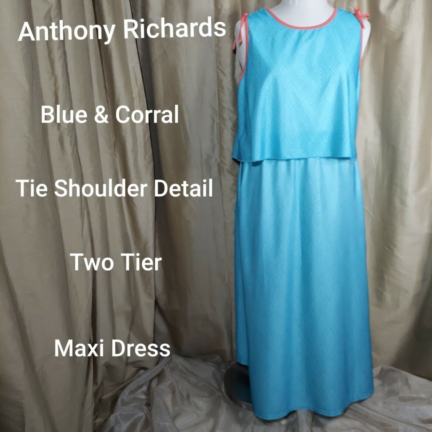 Anthony Richards Blue & Corral Trim Two Tier Maxi Dress Size 18