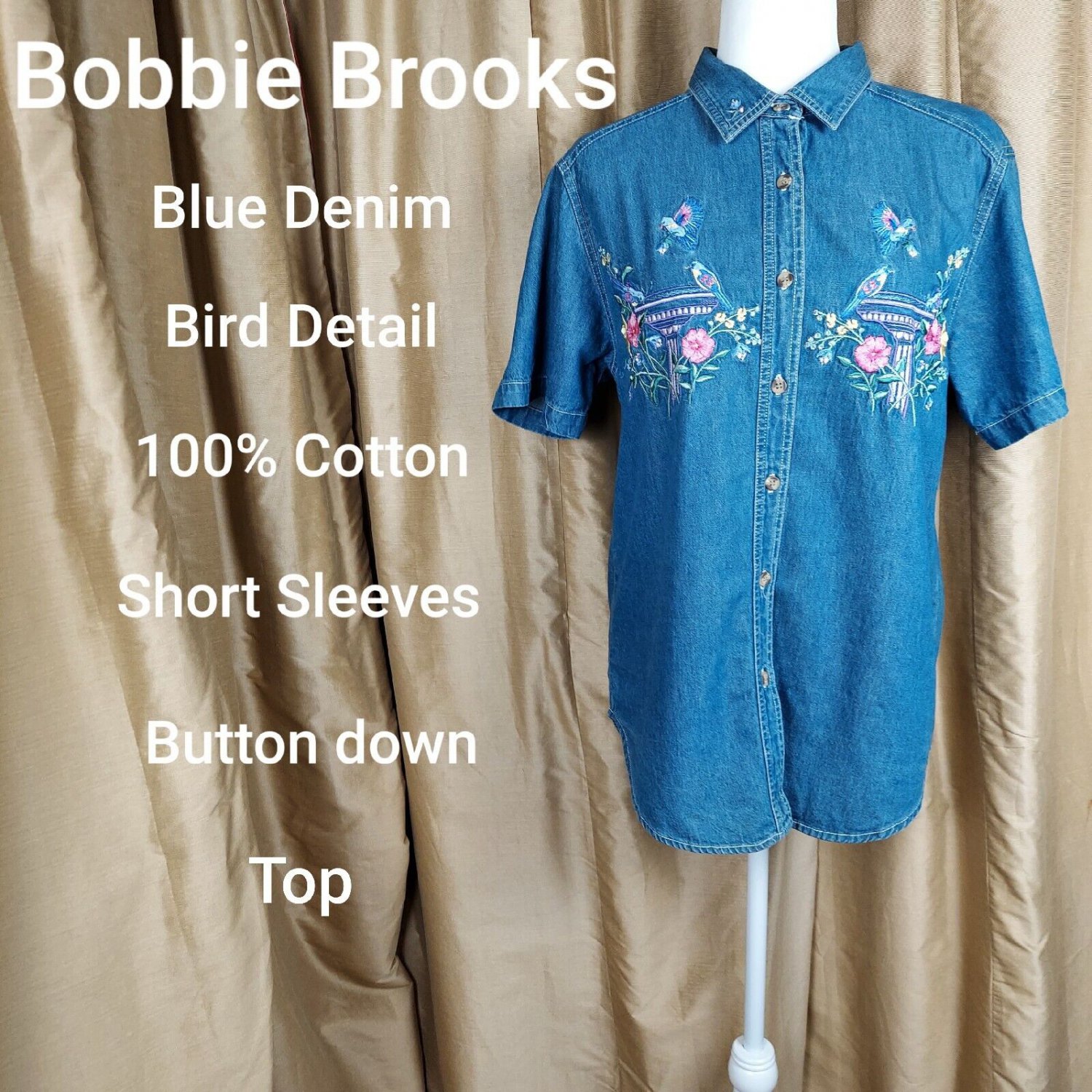 Bobbie Brooks Blue Bird Denim Cotton Button Down Top
