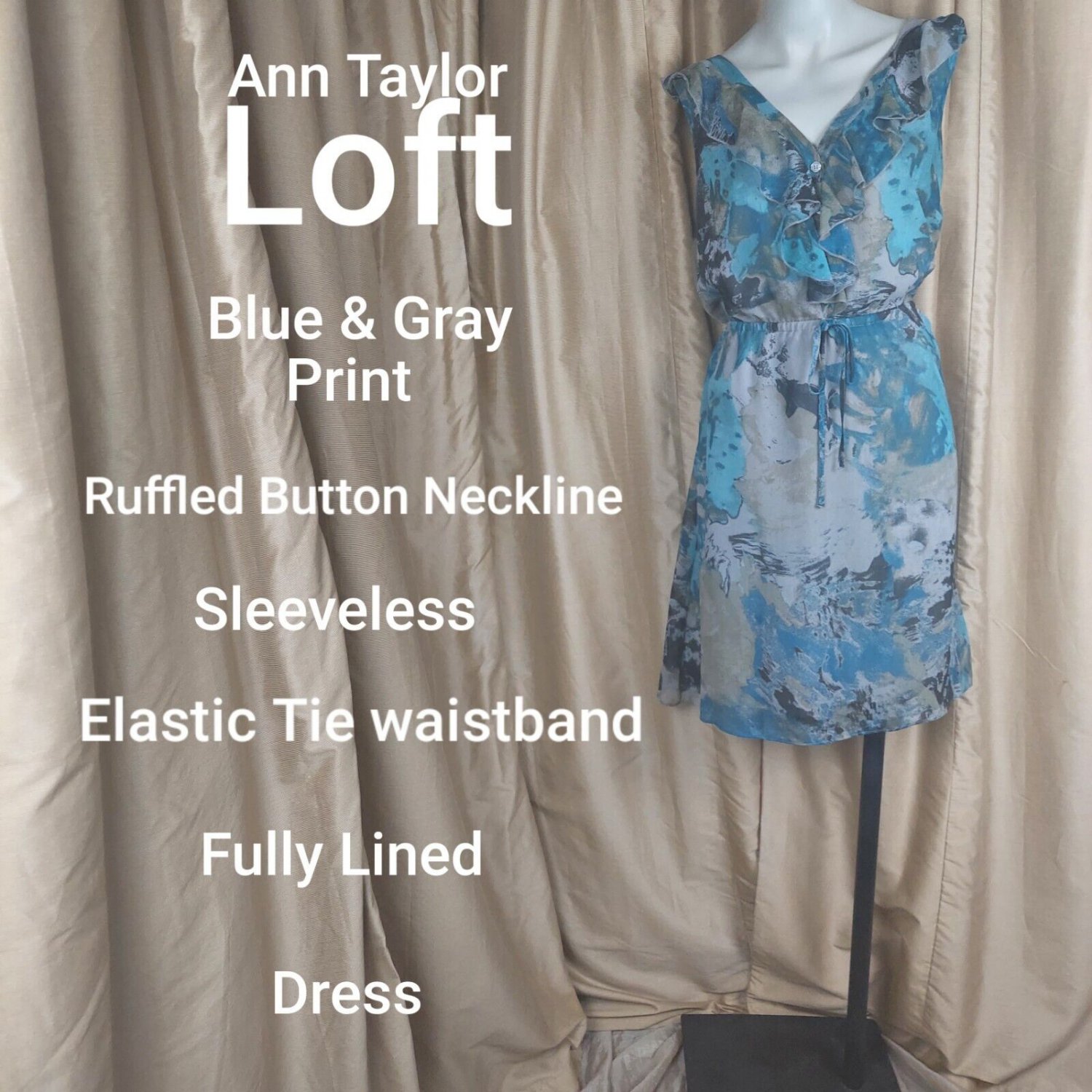 Ann Taylor LOFT Blue & Gray Ruffled Button Neck Sleeveless Dress Size L