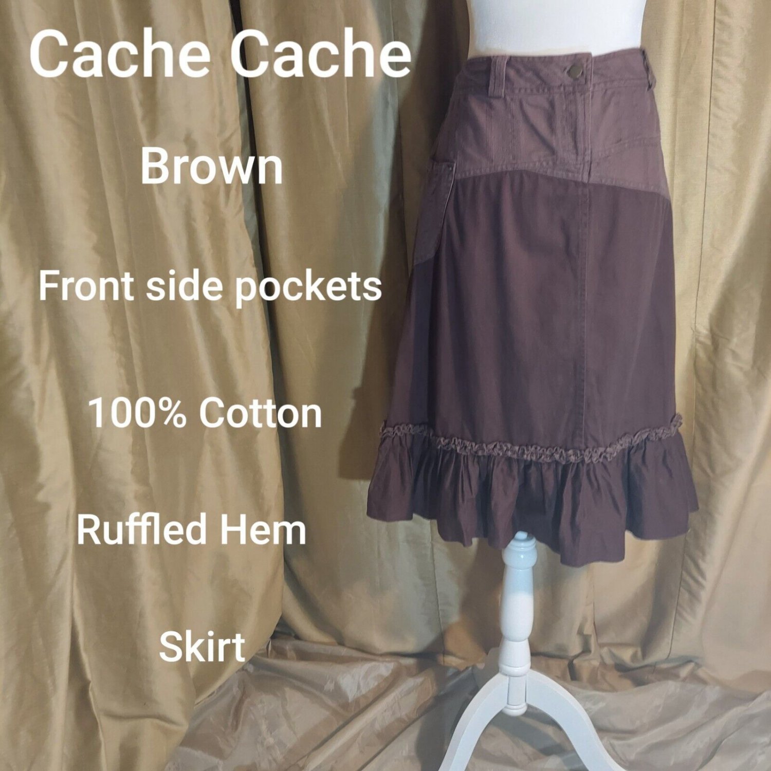 Cache Cache Brown 100% Cotton Pocket Ruffled Hem Skirt  Size 42 ( Us 10)
