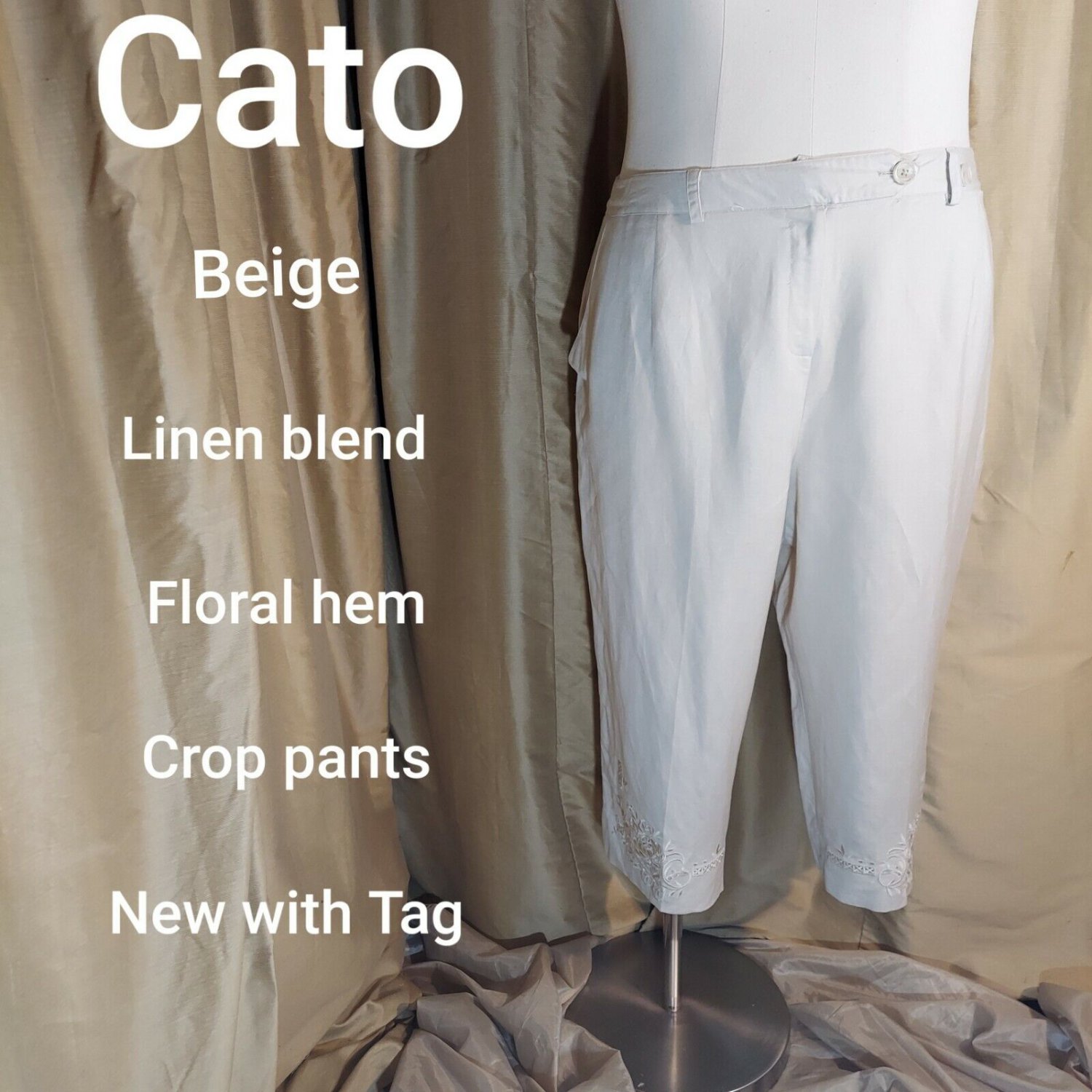 New Cato Beige Linen Blend Crop Floral Hem Pants Size 20W