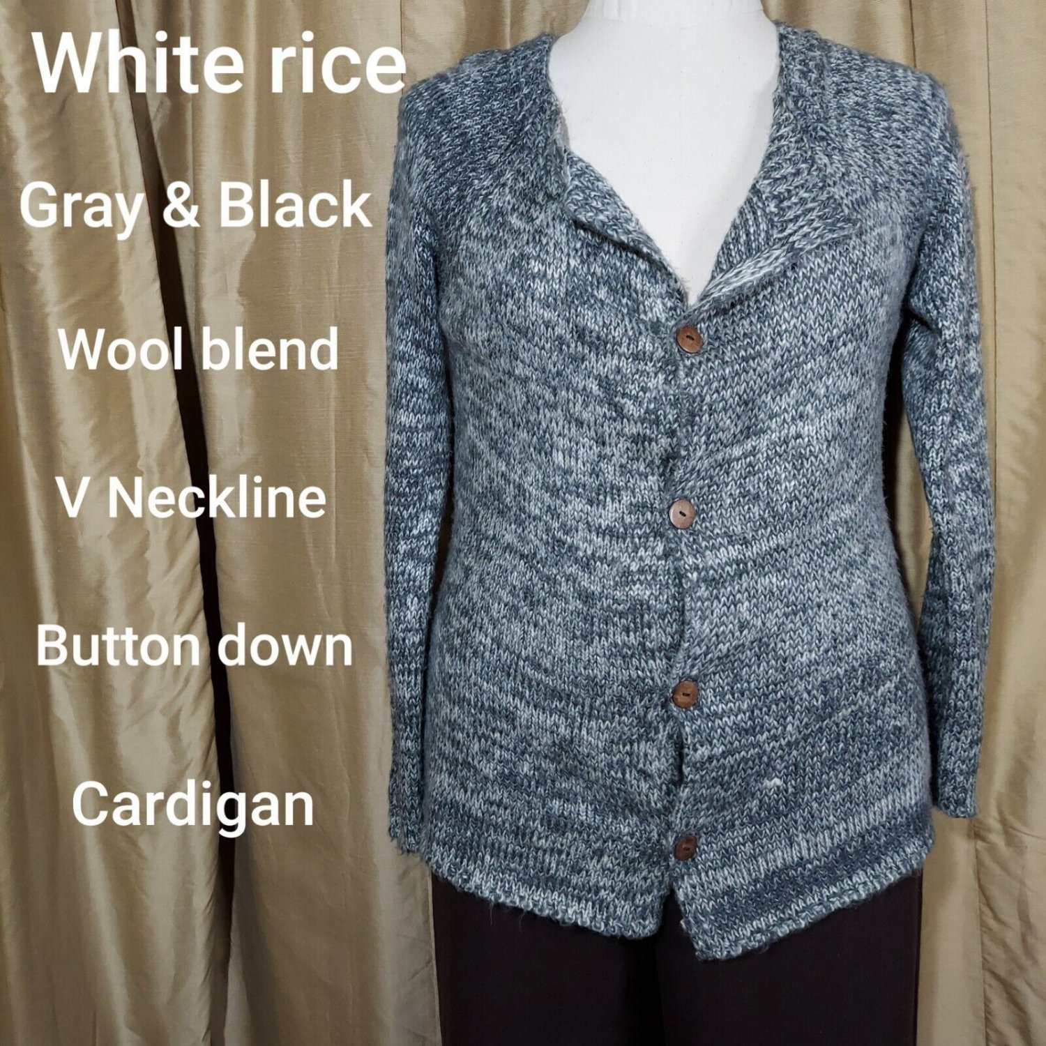 White Rice Wool Blend Gray / White/ Black V Neckline Cardigan Size XL