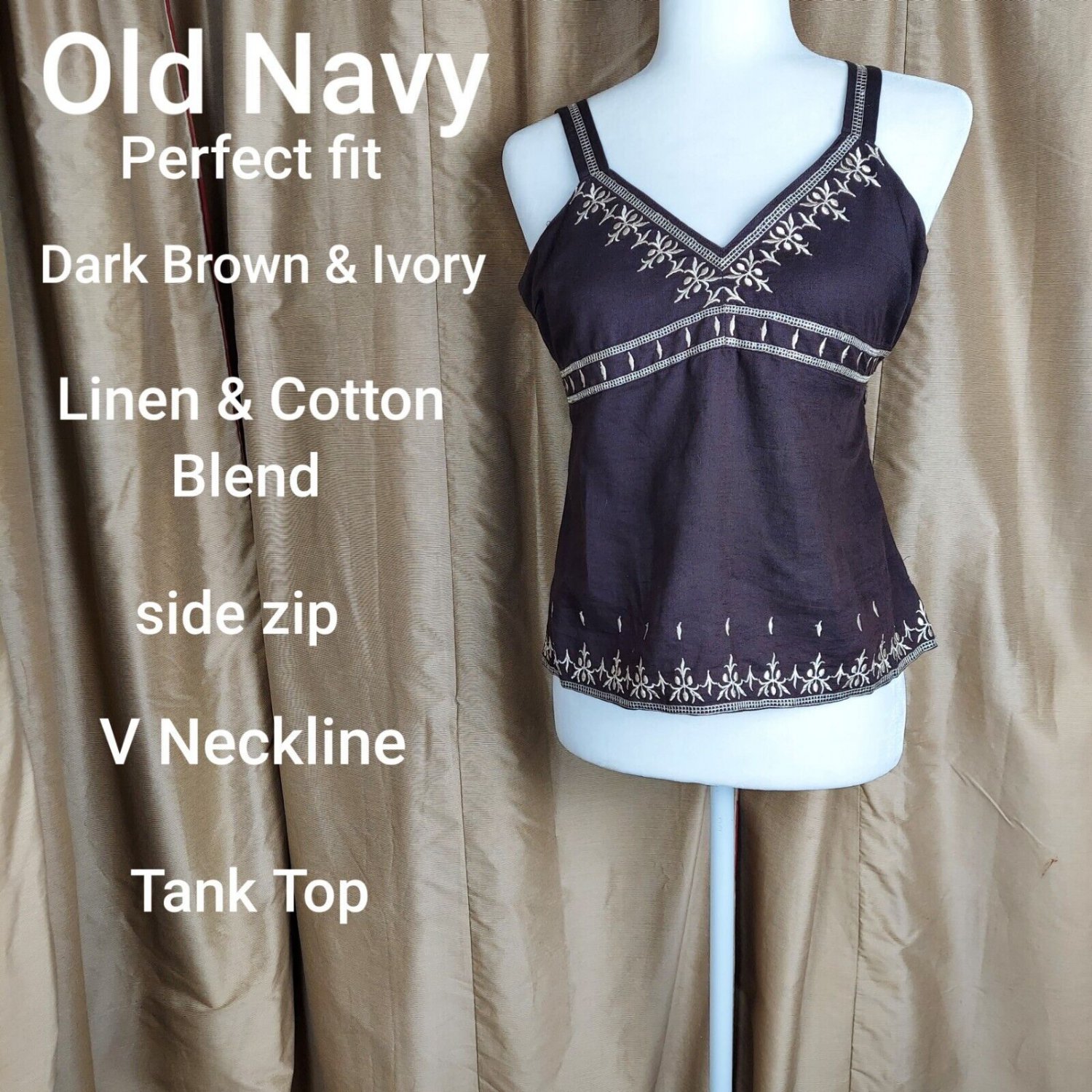 Old Navy Perfect Fit Brown & Ivory  Linen Blend Side Zip Top Size S