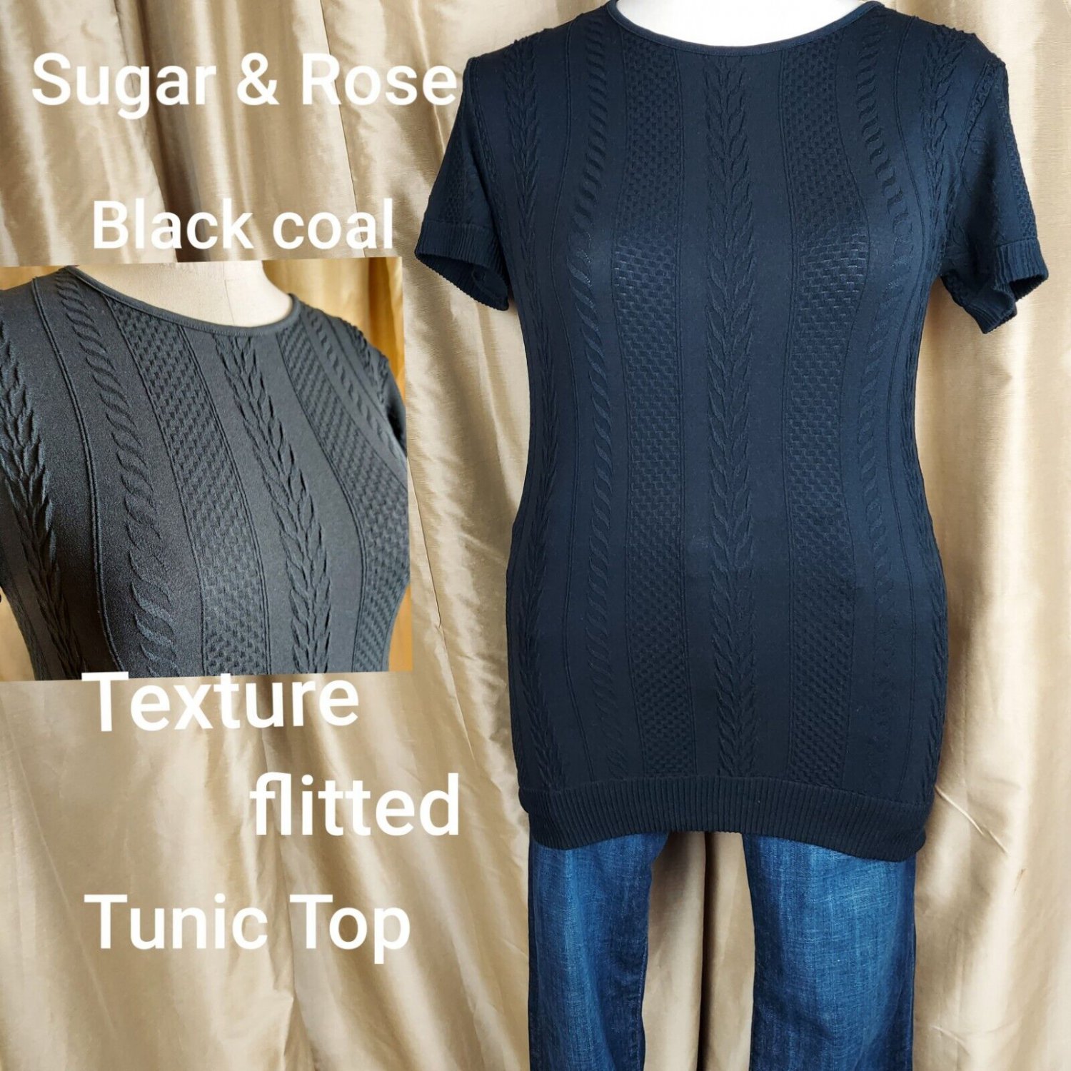 Sugar & Rose Black Coal Texture Fitted Tunic Top Size 3x