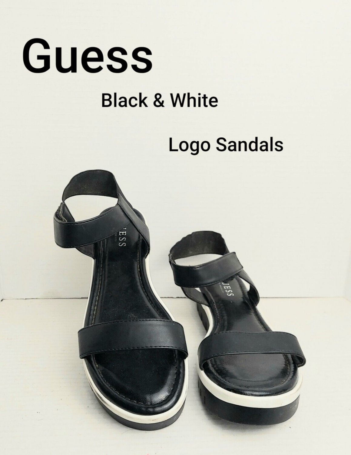 Guess Black & White Logo Hook And Loop Sandals Size 8M
