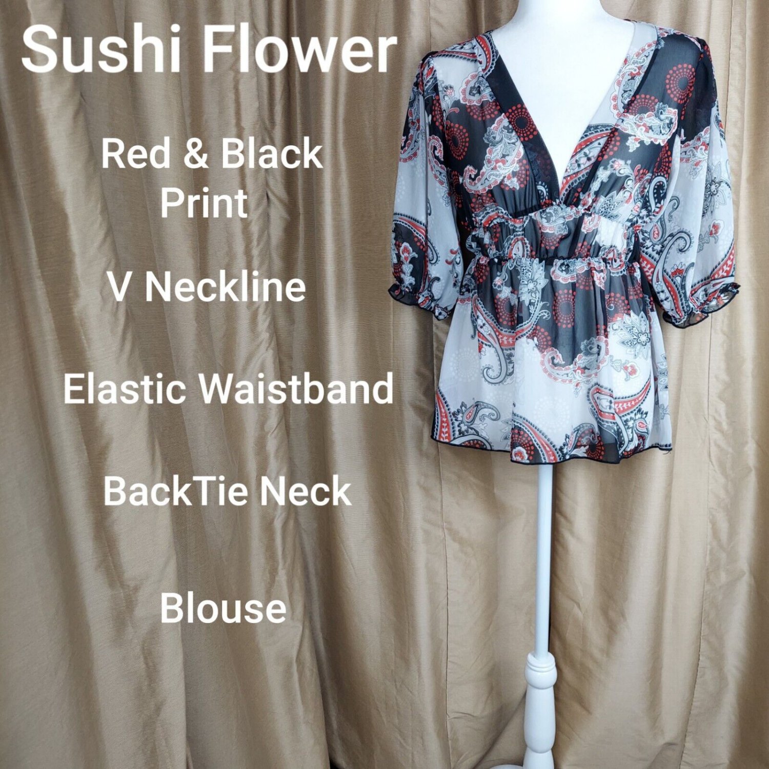 Sushi Flower Red & Black Pasliey Print Detail Blouse Size S