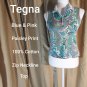 Tegna Blue Paisley Print 100% Zip Neck Top Size S.