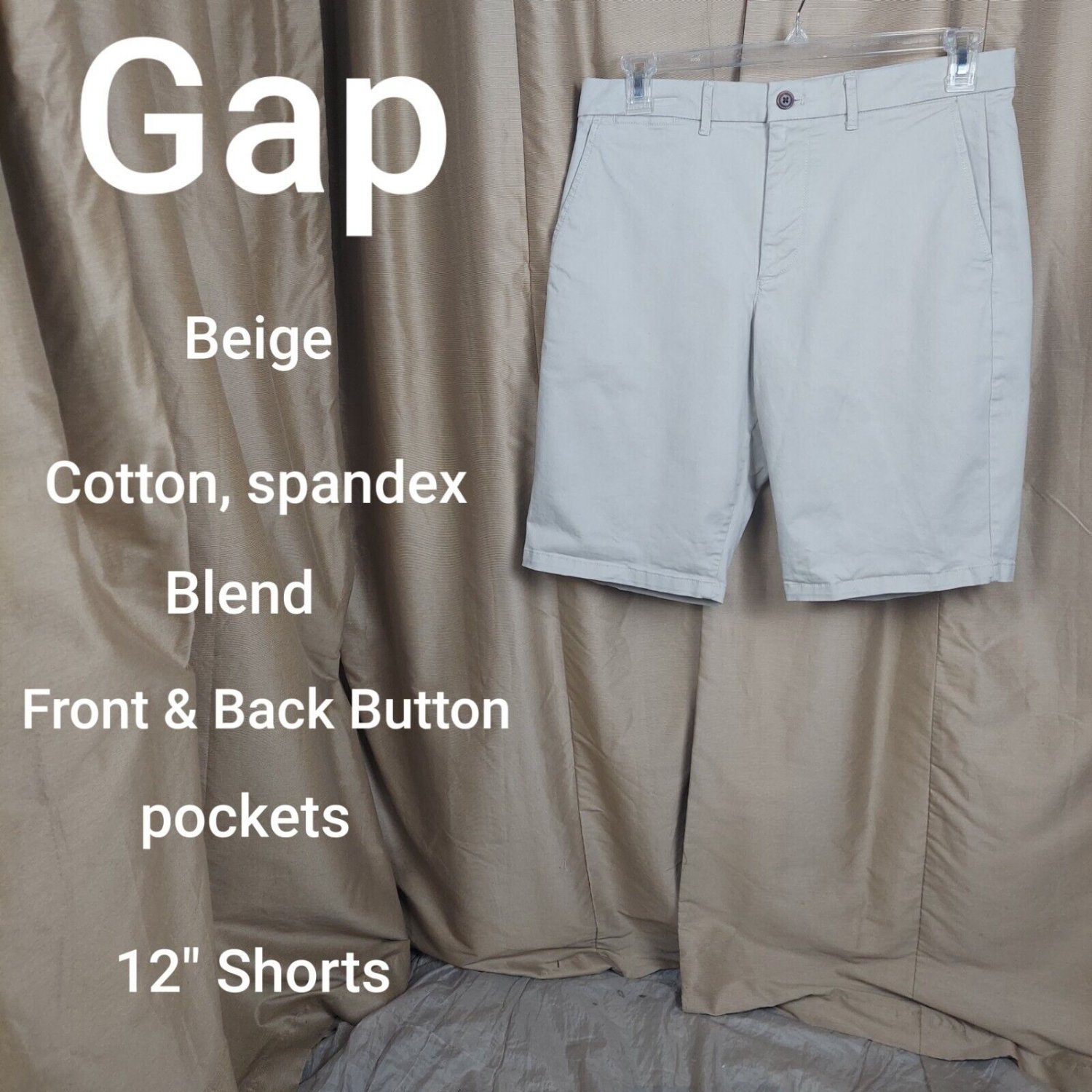 Gap Beige Cotton Spandex Blend Front & Back Button Pockets 12" Shorts Waist 32