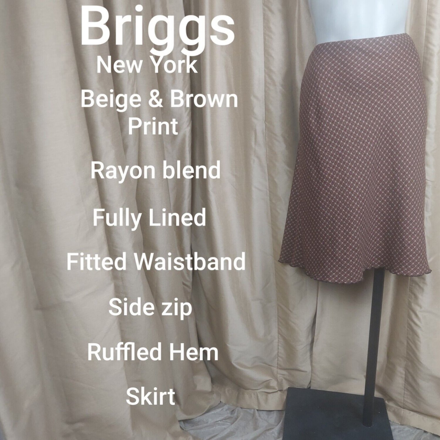 Briggs New York Brown Print Ruffled Hem Side Zip Skirt Size 10