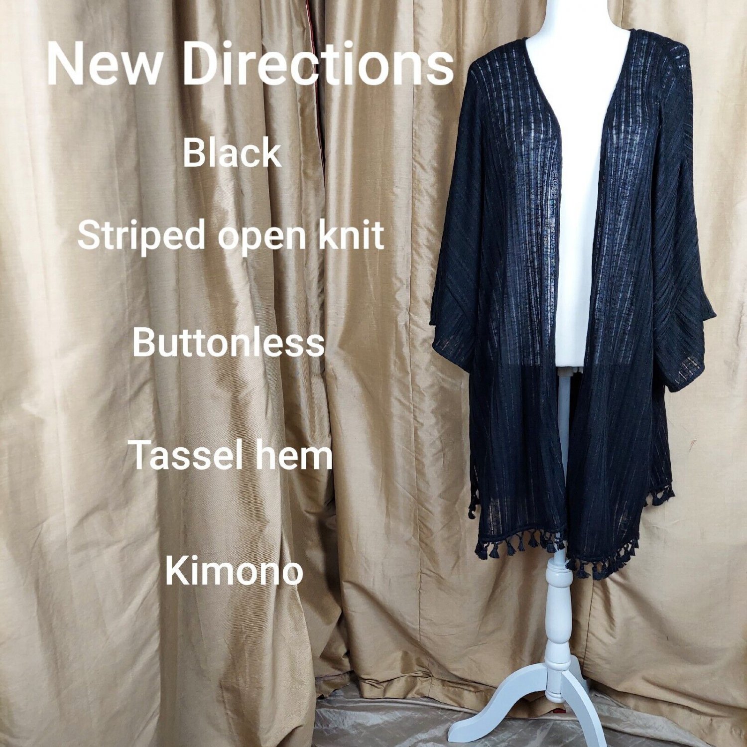 New Directions. Black Striped Open Knit  Buttonless Tassel Hem Kimono Size 2X