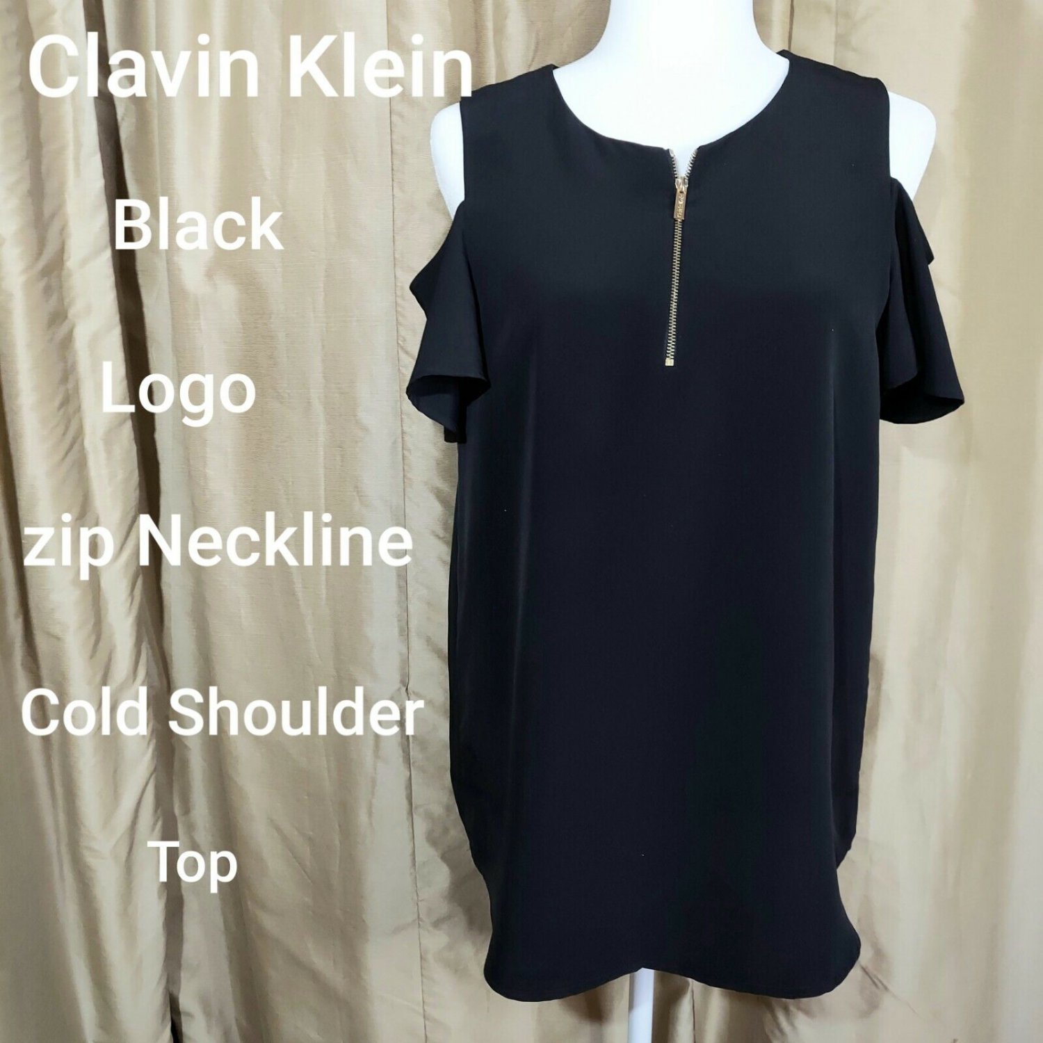 Clavin Klein Black Logo Zip Neckline Cold Shoulder Top Size  M