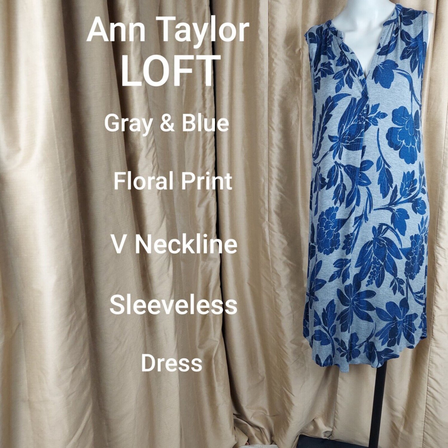 Ann Taylor LOFT Gray & Blue Floral Print Sleeveless Tee Shirt Dress Size S