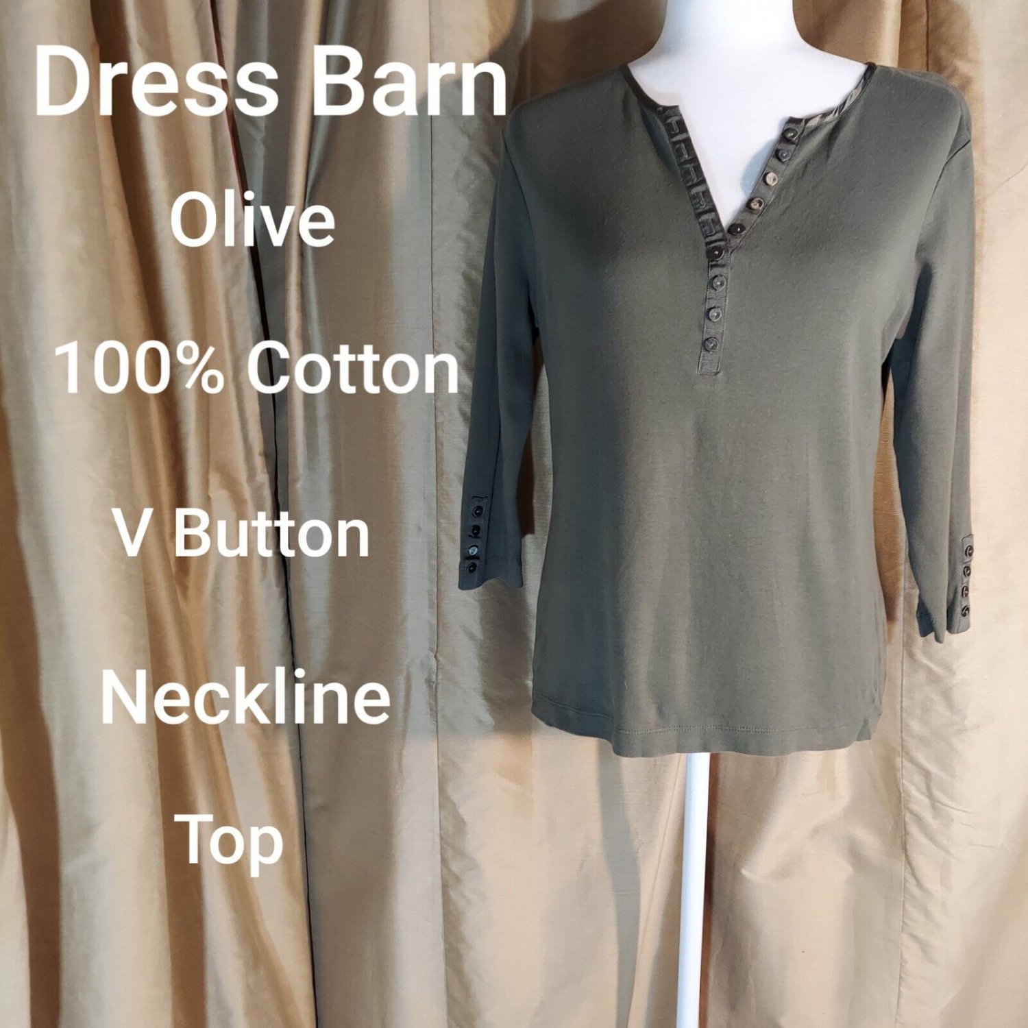 Dress Barn Olive Green V Button Neckline 100% Cotton Top Size M