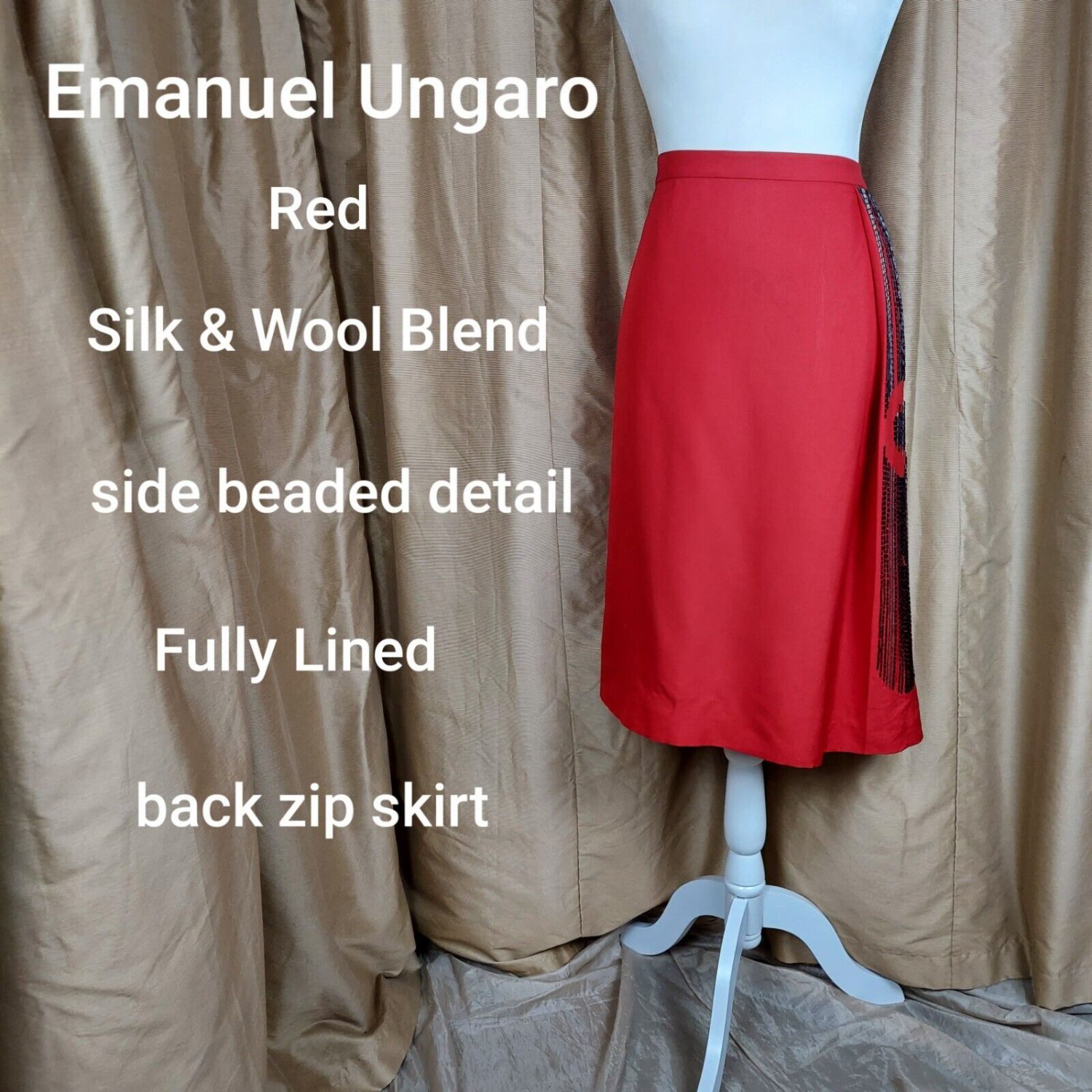 Emanuel Ungaro Red Silk & Wool Blend Side Detail Beading Skirt Size 10