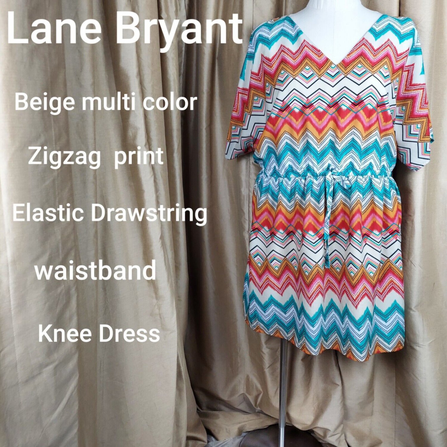 Lane Bryant Beige Multicolored Zigzag Knee Dress Size 26/28