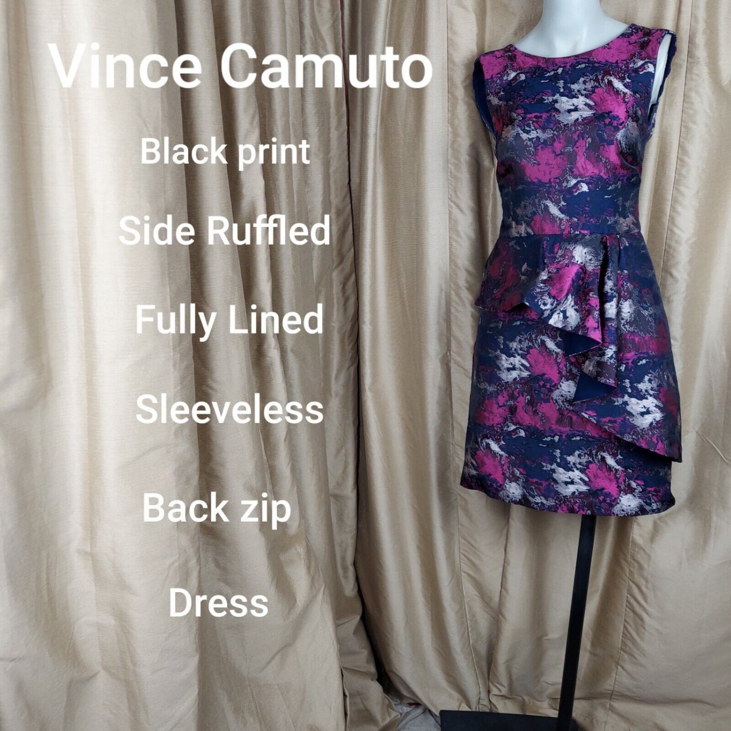 Vince Camuto Black Print Side Ruffled Detail Back Zip Dress Size 2