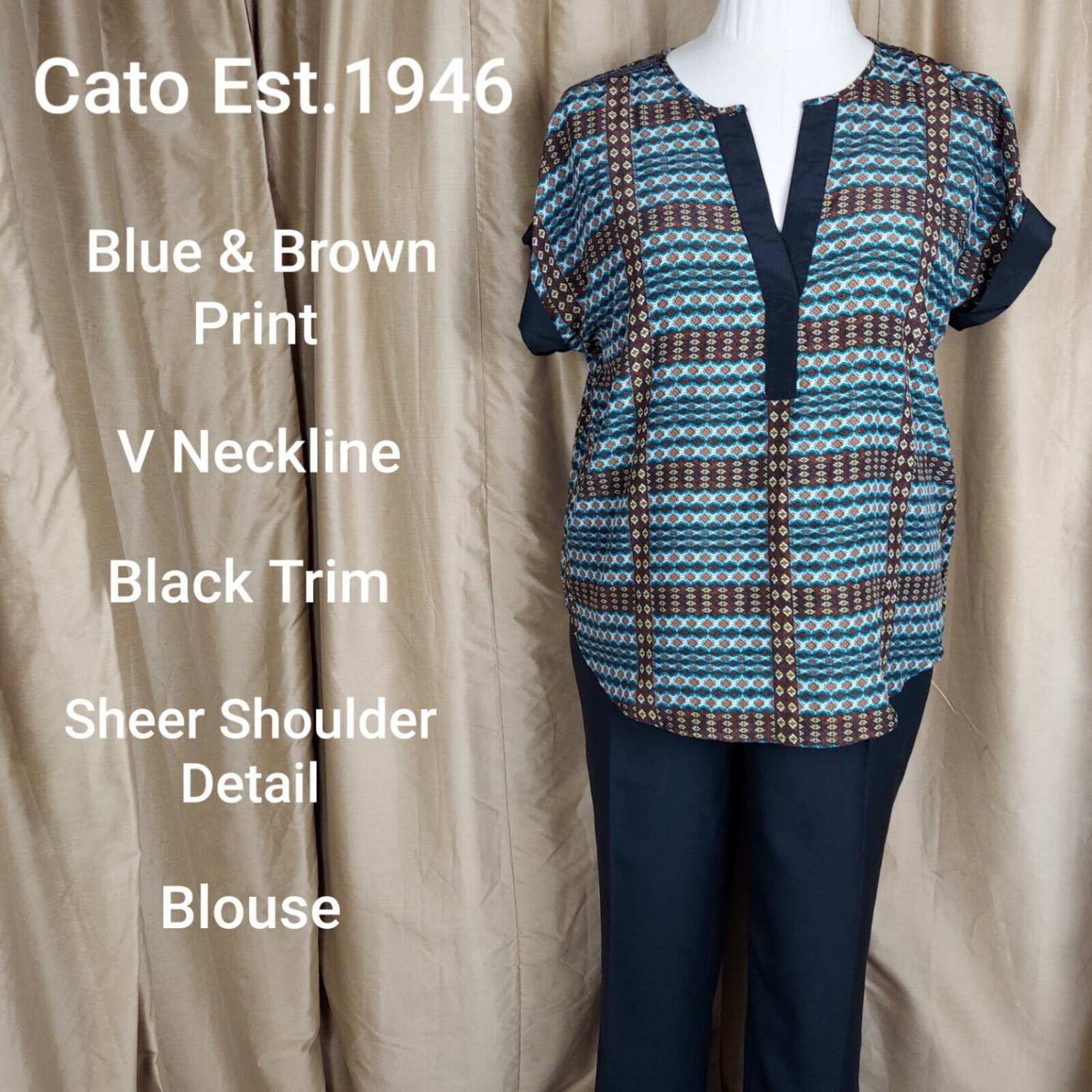 Cato Est.1946 Brown & Blue Print Sheer Detail Blouse Size 14/16W