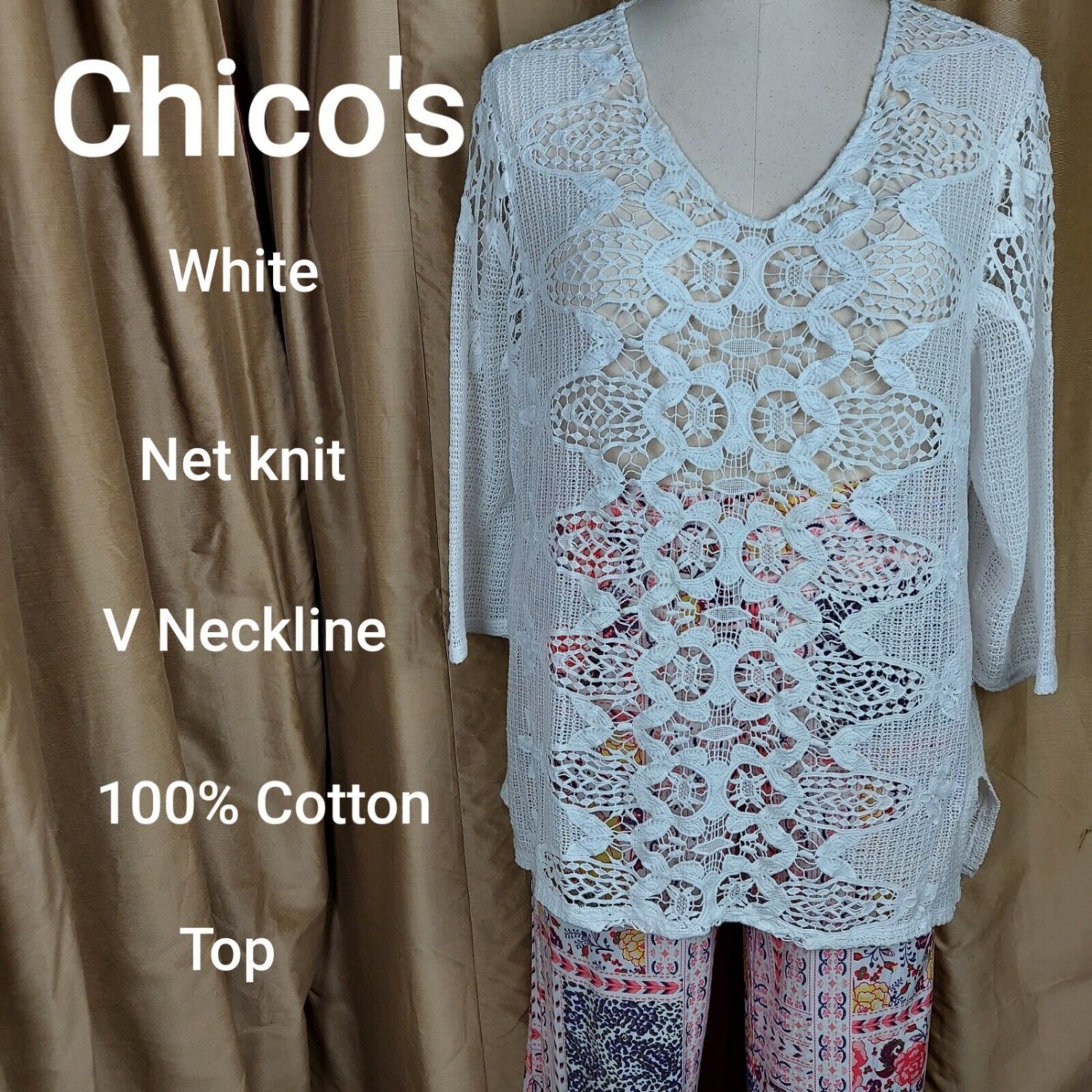 Chico's Size 3 White 100% Cotton Net Knit Top