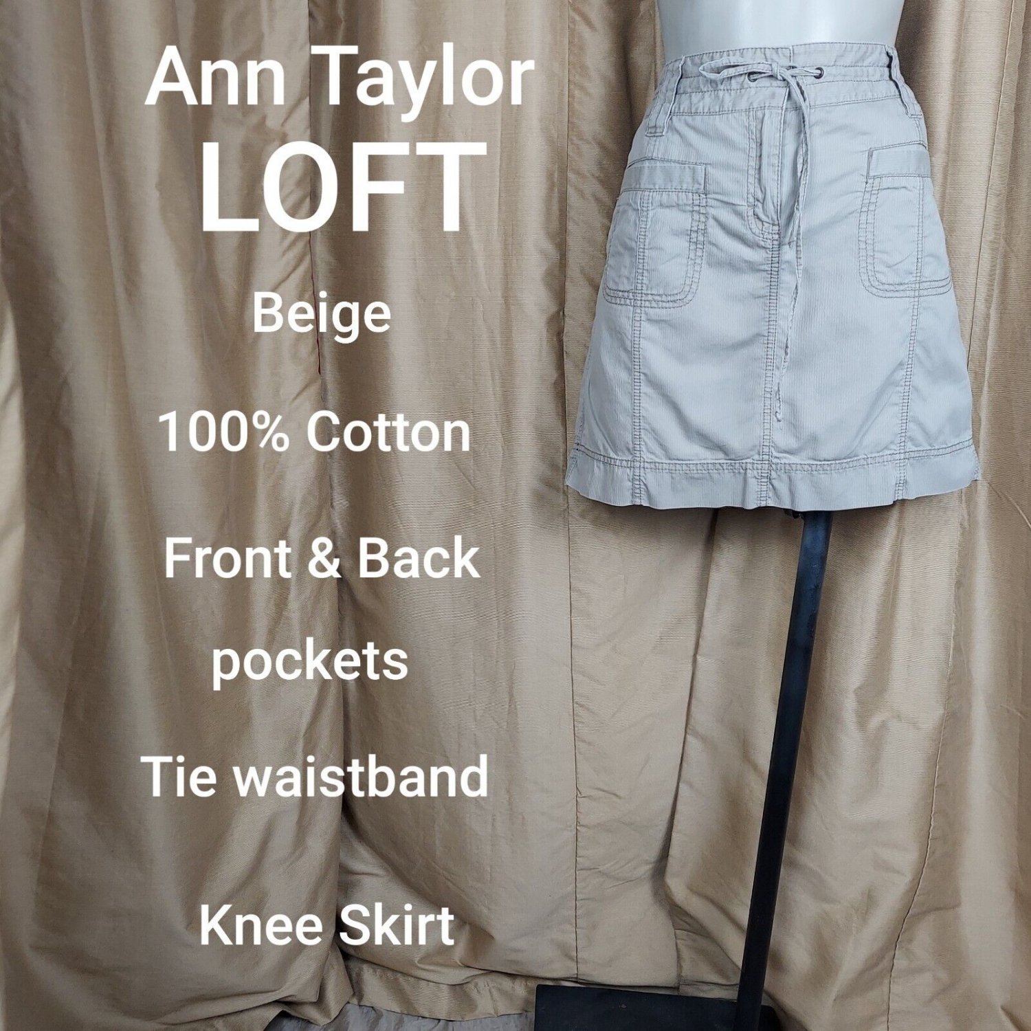 Ann Taylor LOFT Beige Front & Back Pockets 100% Cotton Tie Waist Skirt Size 8