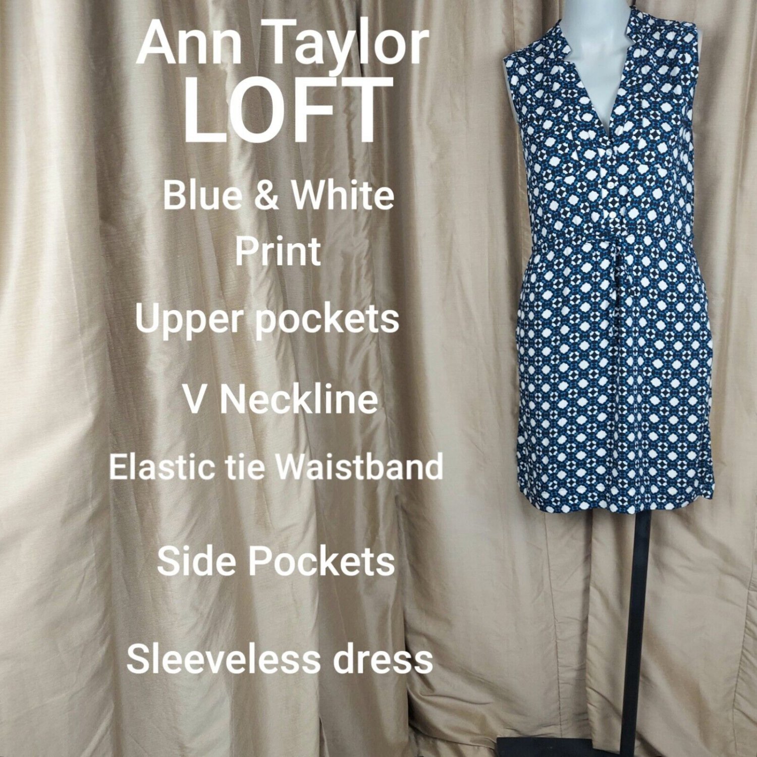 Ann Taylor LOFT Blue & White Print Upper Pocket Elastic Tie Waistband Dress Size