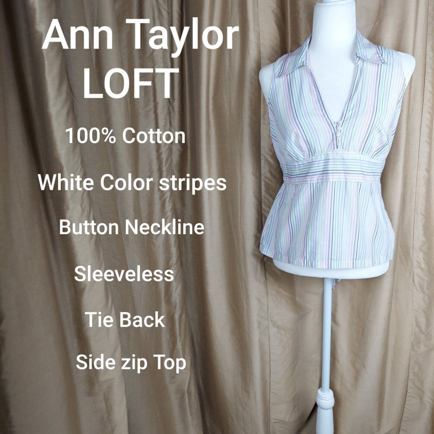 Ann Taylor LOFT White Color Striped 100% Cotton Tie Back Top Size 10