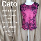 Cato Pink & Black Floral Print Sparkle Detail Lace Cut Out Back Top Size M